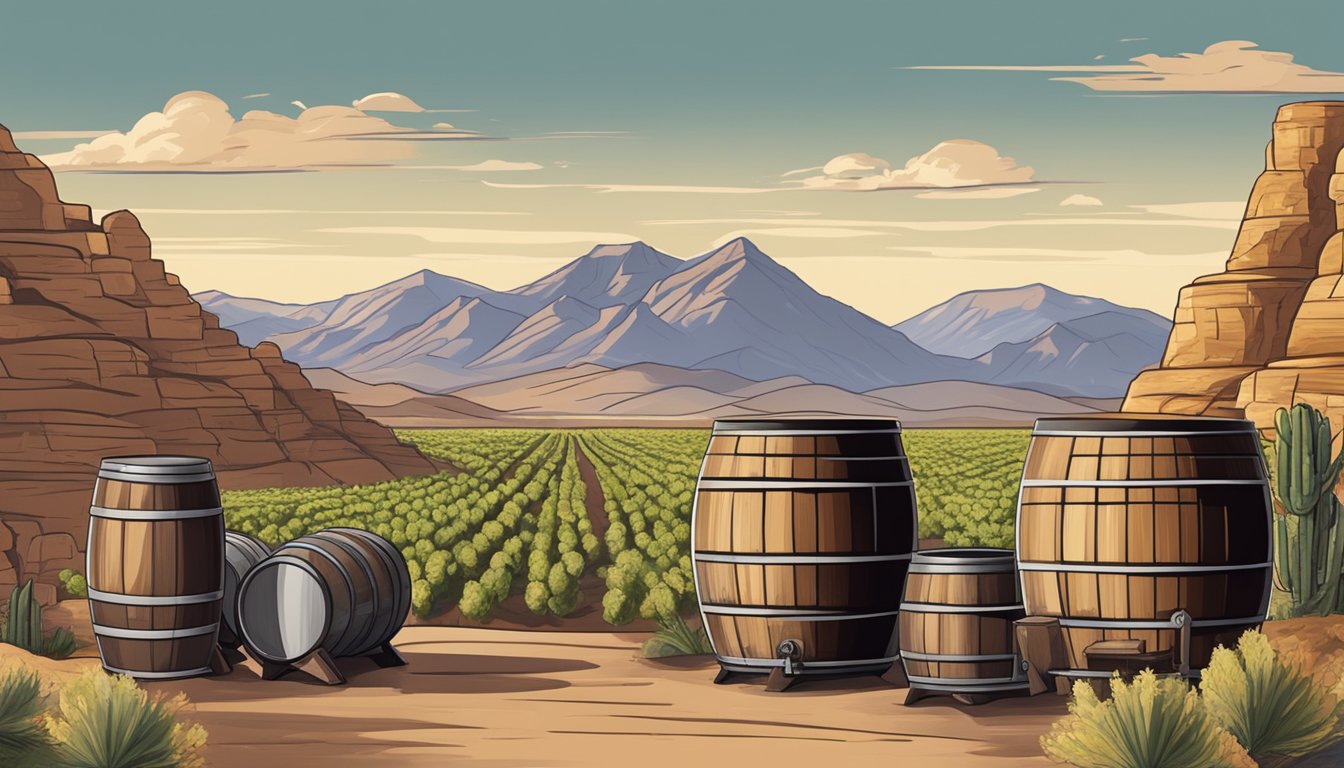 A rustic brewery with beer barrels, hops, and brewing equipment, surrounded by scenic mountains and desert landscape in St. George, Utah