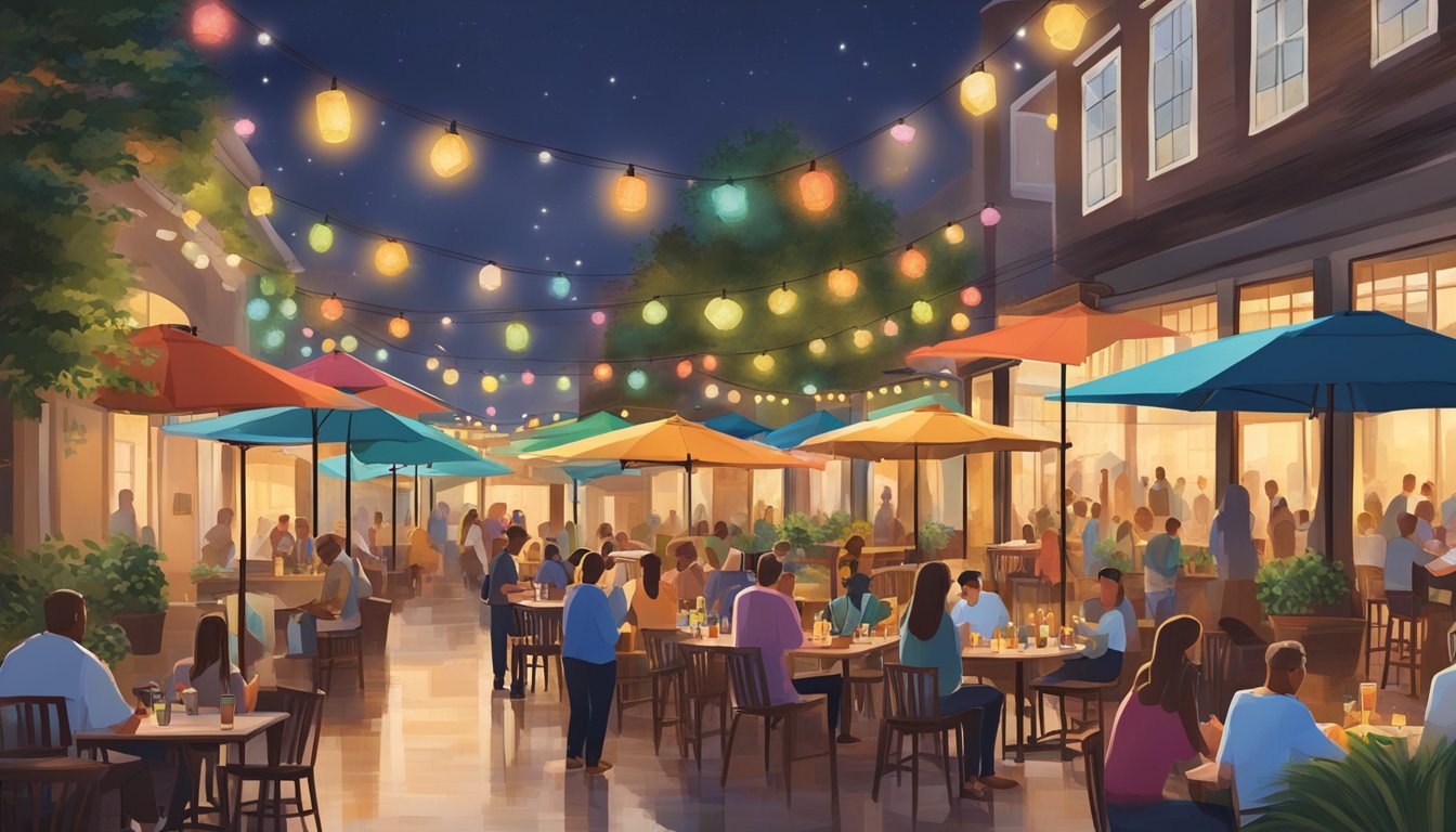 A bustling patio with colorful umbrellas, potted plants, and string lights. Tables are filled with locals enjoying craft beer in Sugar Land, TX