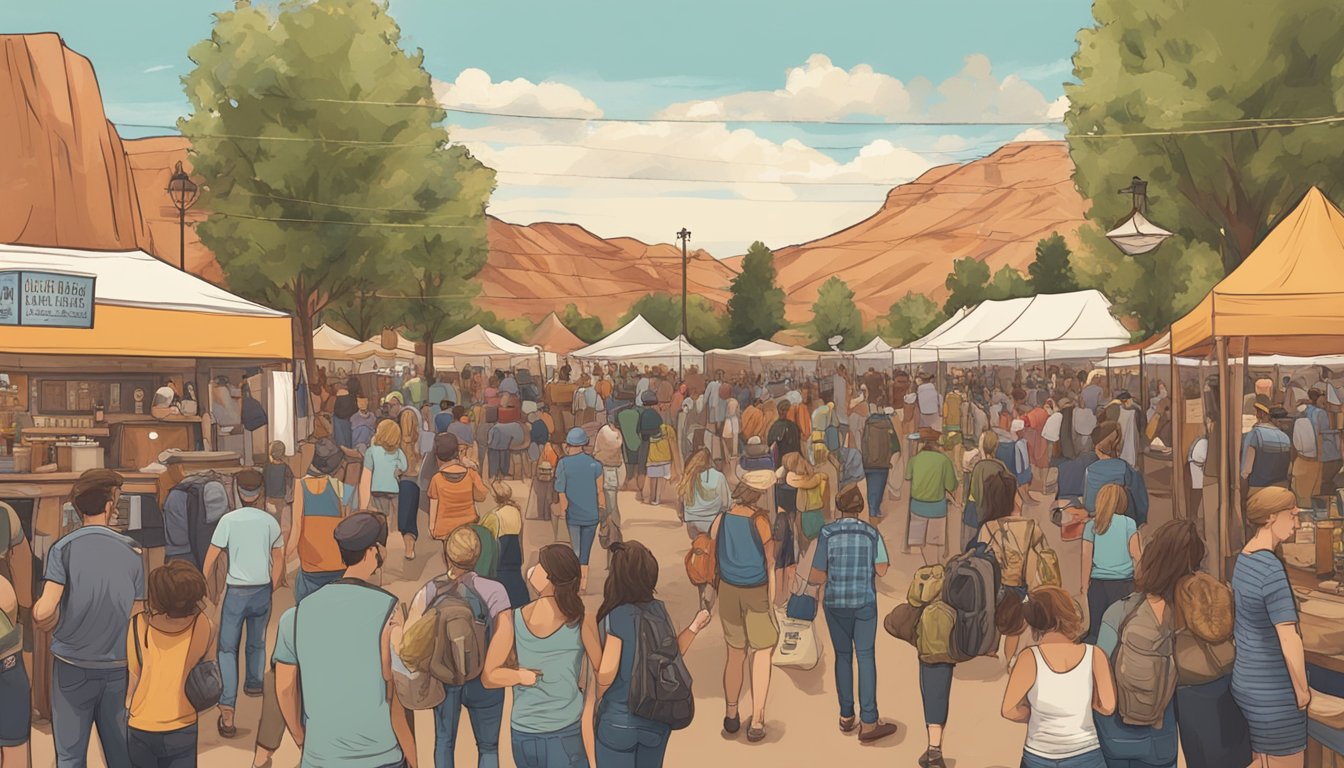 A bustling local craft beer festival in St. George, UT with vendors, live music, and a diverse crowd enjoying the community and events