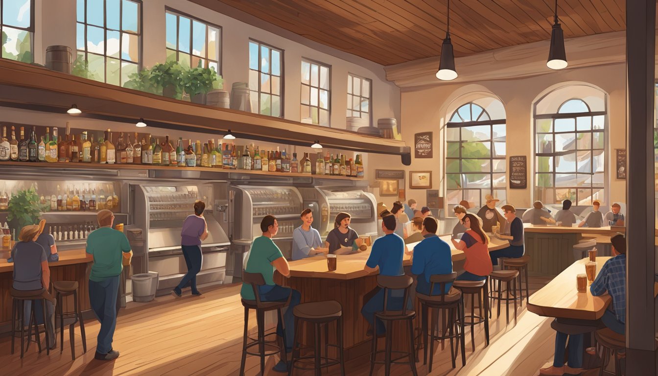 A bustling St. George brewery with locals enjoying craft beer in a cozy, inviting atmosphere