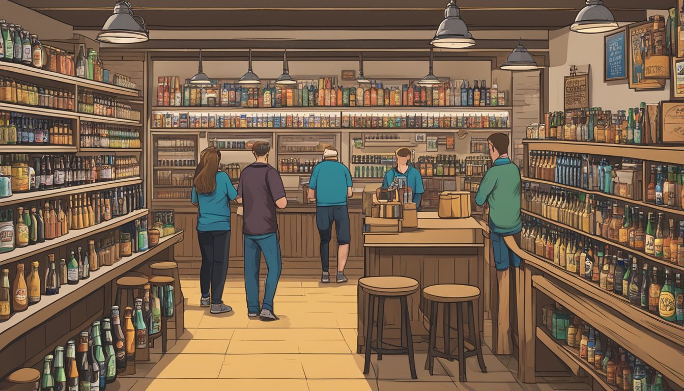 A bustling local craft beer store in St. George, Utah, with shelves stocked full of St. George craft beers and customers browsing the selection