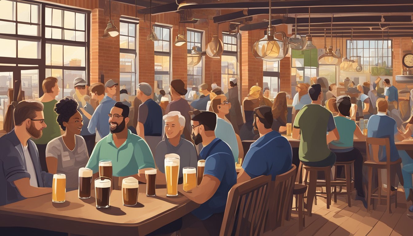 A bustling brewery scene with diverse patrons enjoying craft beers and lively conversation in Alexandria, VA