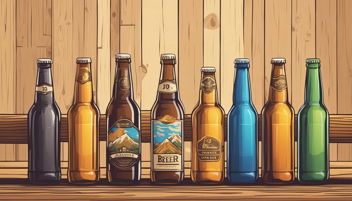 A row of colorful craft beer bottles lined up on a wooden bar, with various glasses filled with different types of beer arranged around them