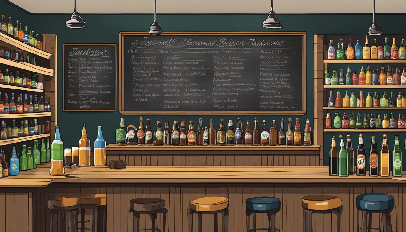 A cozy taproom with a variety of colorful and unique beer bottles displayed on shelves, with a chalkboard listing seasonal and limited edition brews