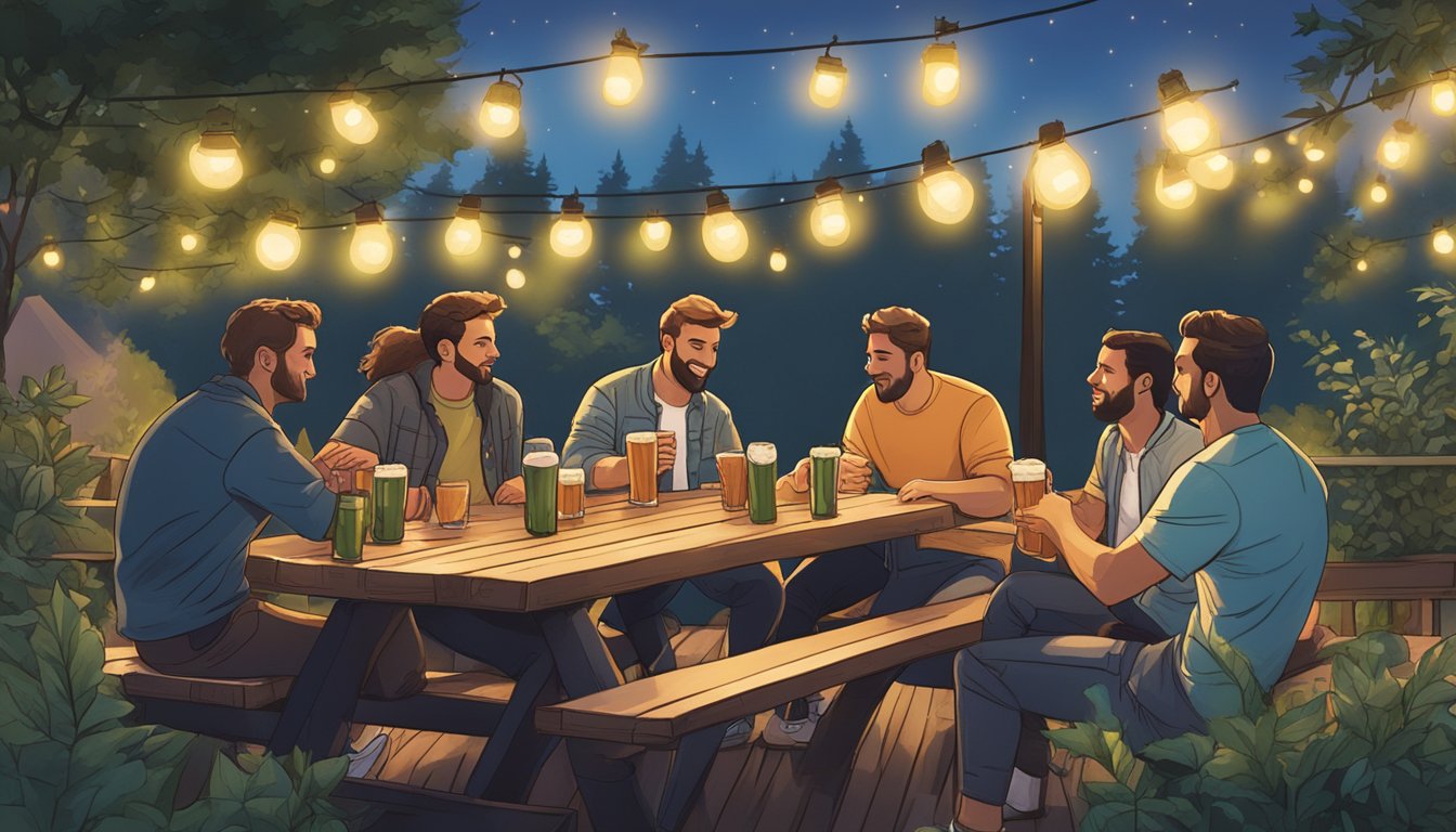 A group of friends sit at a picnic table under string lights, surrounded by lush greenery, sipping on various craft beers from local breweries in Seattle, WA