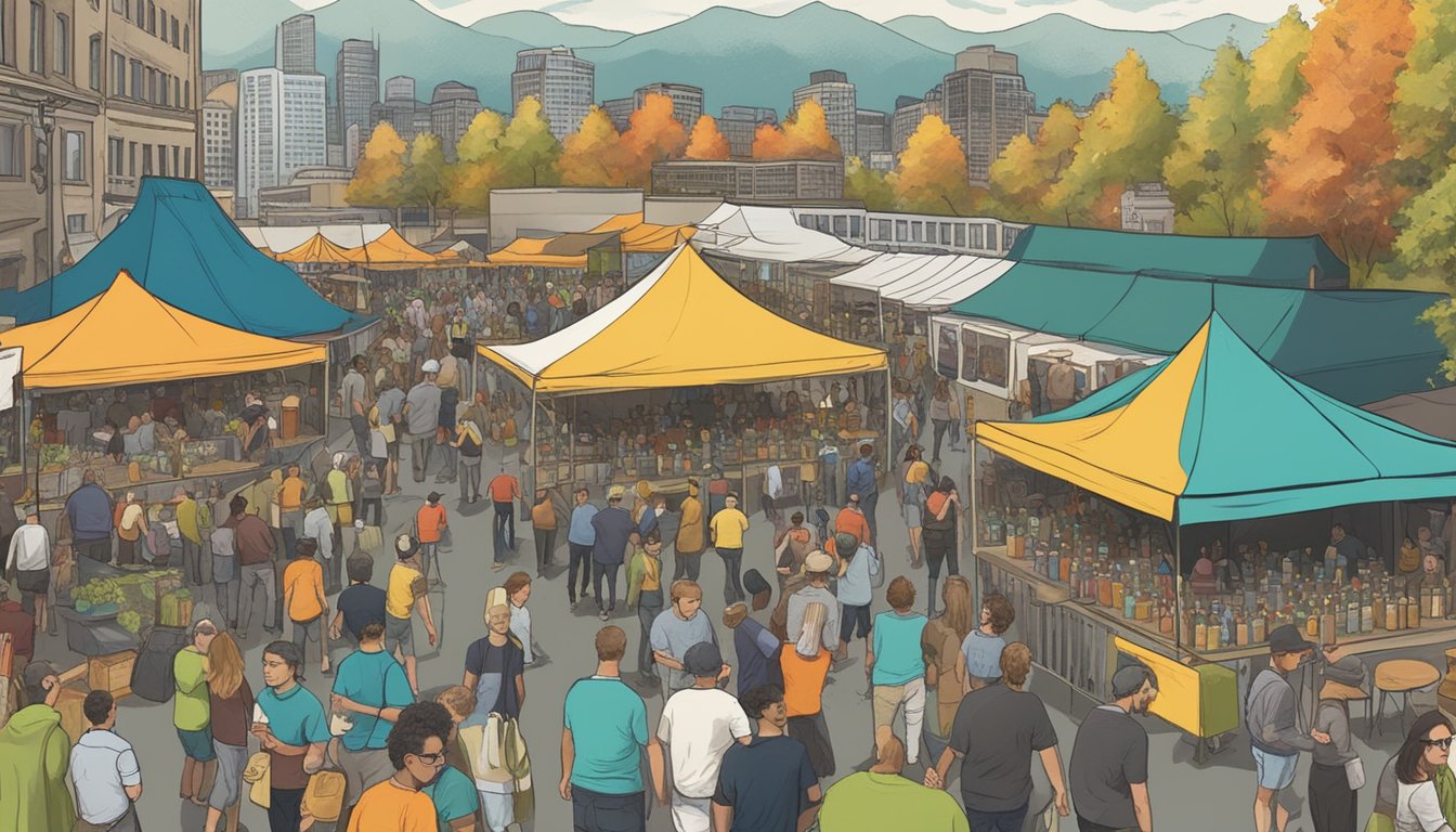 A bustling beer festival with colorful tents, live music, and people sampling craft brews in Seattle, WA