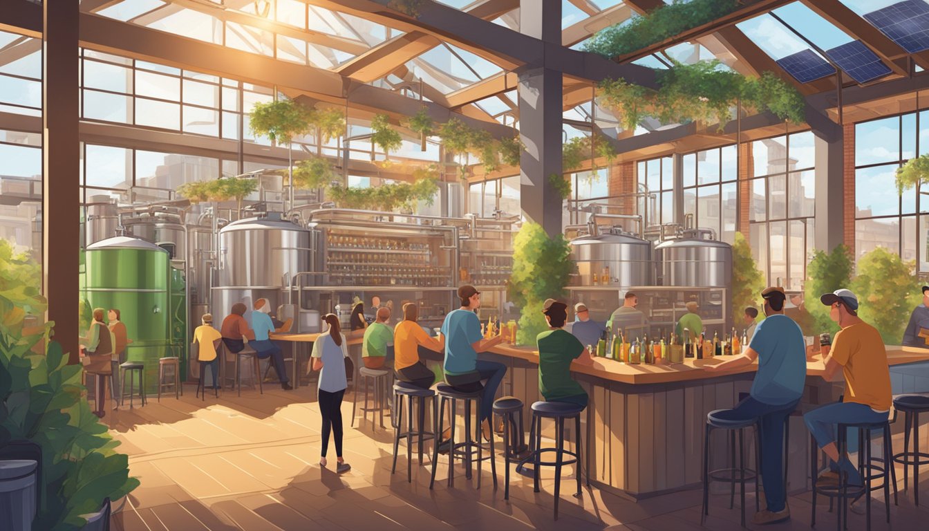 A bustling brewery with solar panels and recycling bins. Patrons enjoy local craft beer in a vibrant, eco-friendly setting