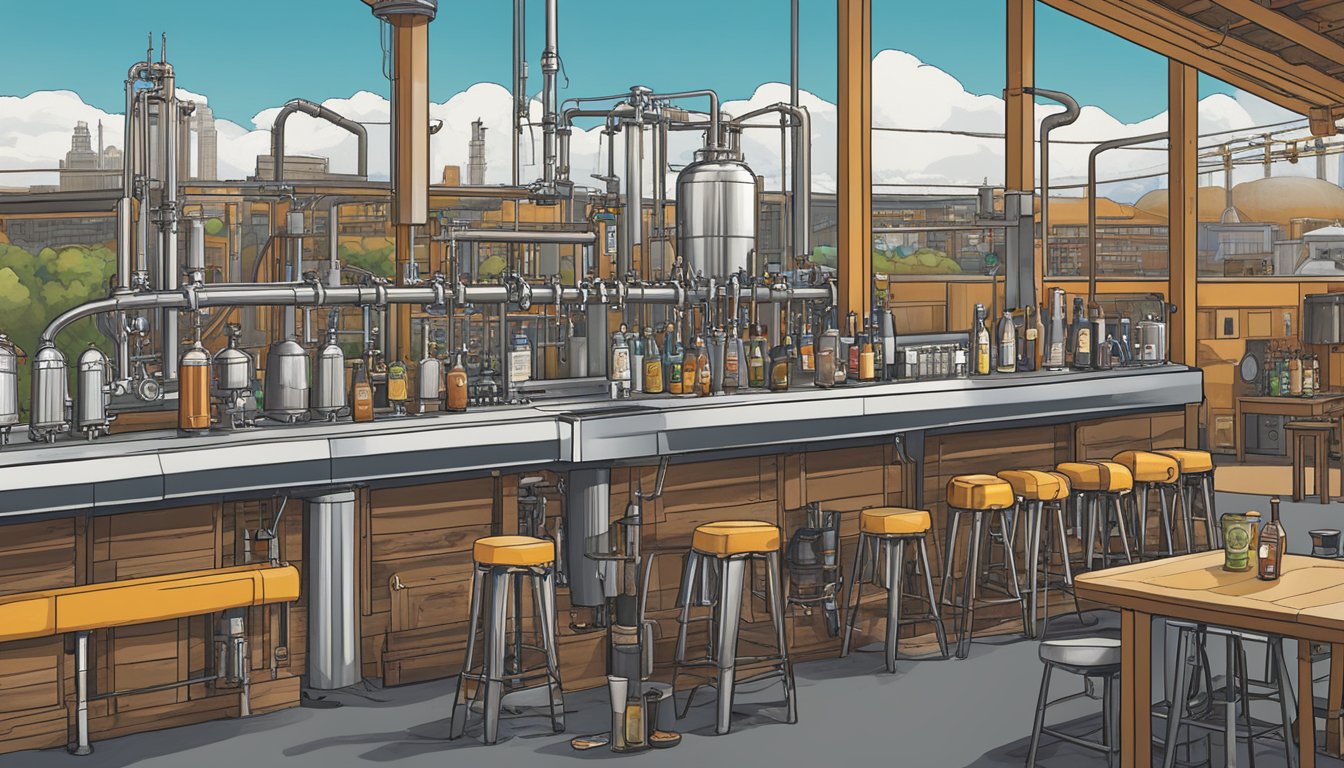 A bustling taproom with a variety of craft beer taps, surrounded by industrial brewing equipment and Tacoma city landmarks in the background