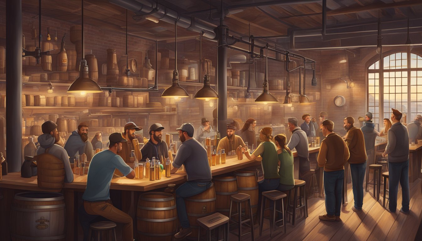 A bustling brewery scene with beer taps, wooden barrels, and patrons enjoying craft brews in a cozy, industrial-style setting