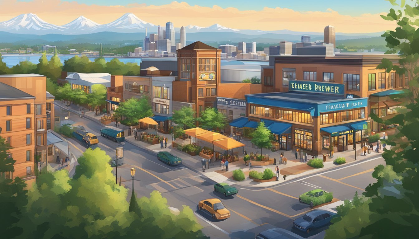 A bustling brewery district in Tacoma, WA, with colorful signage and outdoor seating, surrounded by lush greenery and a view of the city skyline