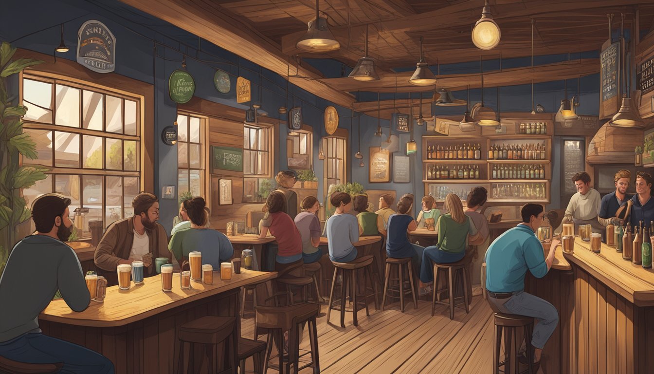 A bustling brewery scene with patrons sampling various craft beers in a cozy, rustic setting. A chalkboard menu displays the diverse selection of local brews