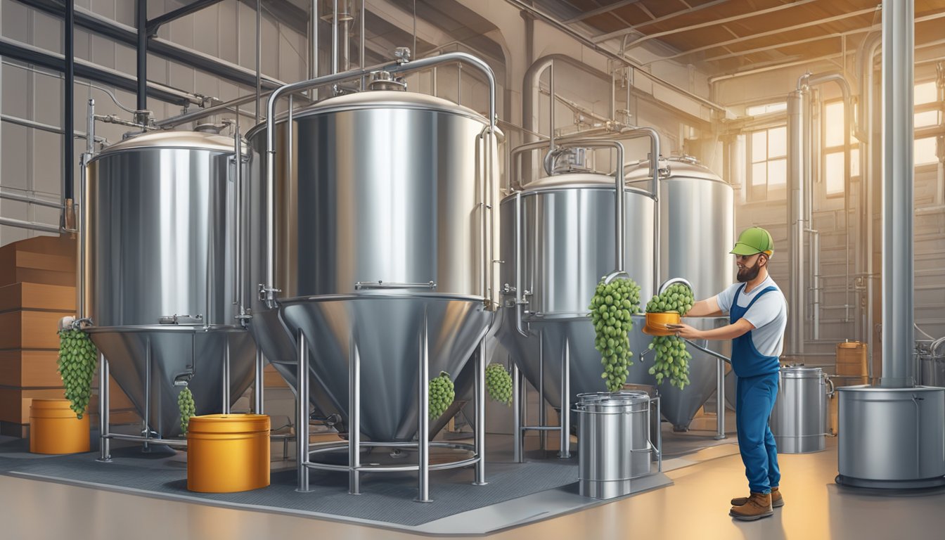 A brewery worker carefully pours hops into a large brewing kettle, surrounded by stainless steel tanks and machinery