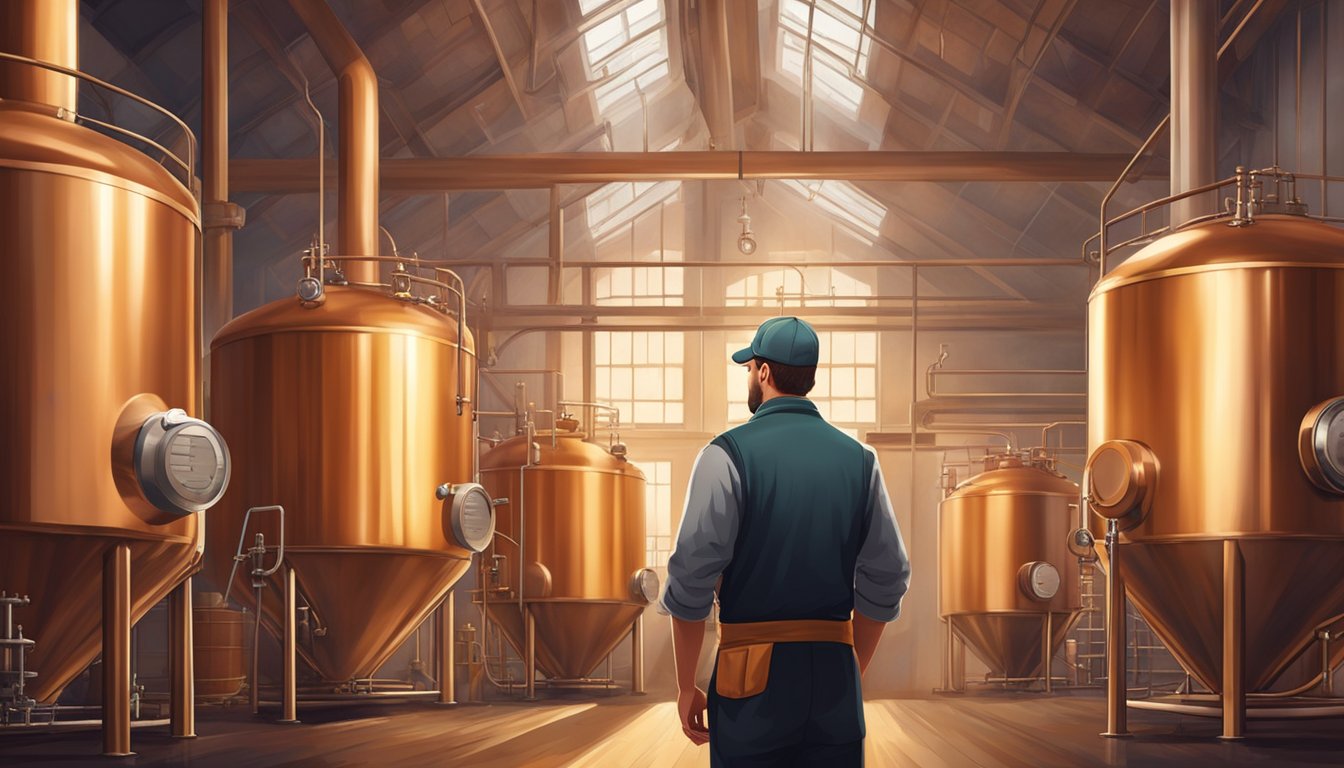 A brewery worker monitors the large copper brewing tanks, steam rising as the beer ferments. The room is filled with the rich aroma of hops and malt