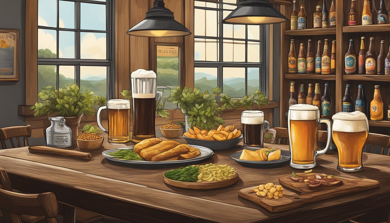 A rustic wooden table adorned with an array of local craft beers and gourmet food pairings in a cozy Newport News, VA brewery