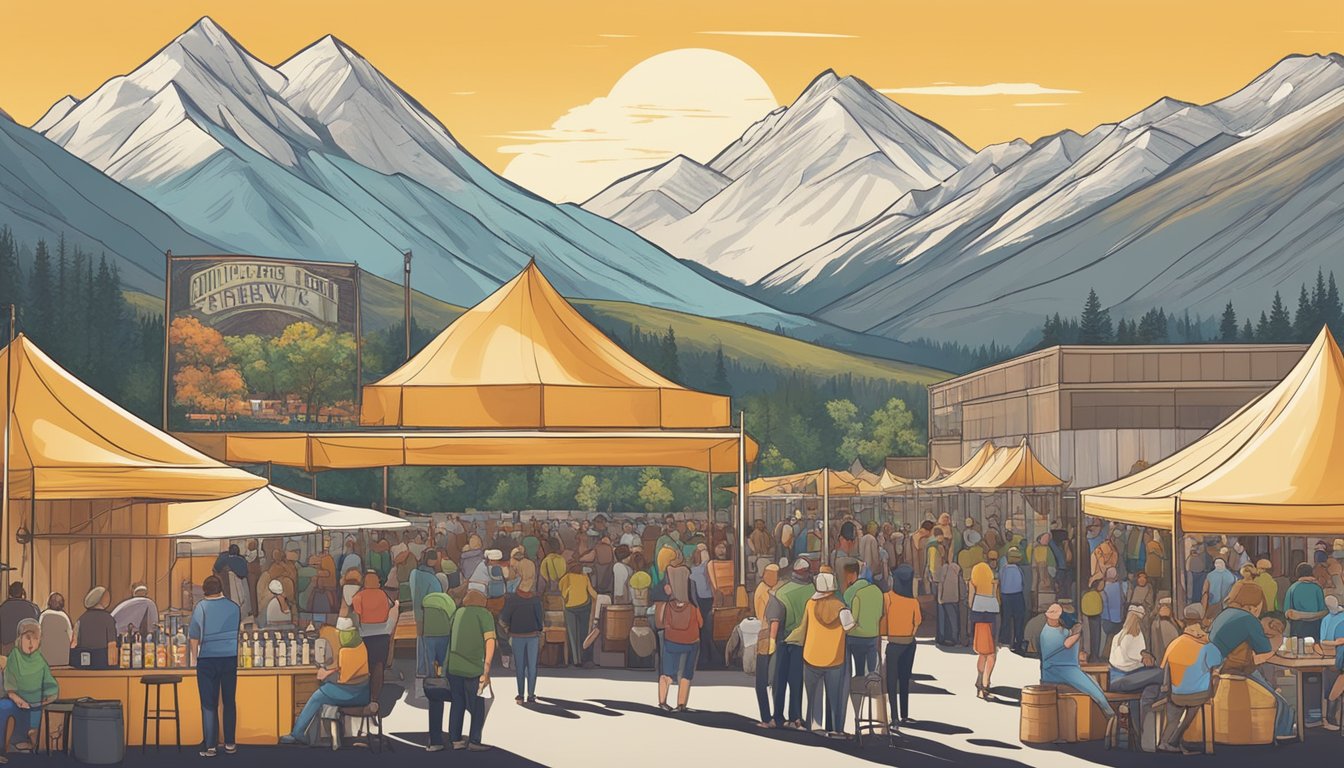 A bustling craft beer festival with a variety of beer styles and profiles on display, set against the backdrop of Provo, Utah's scenic mountains