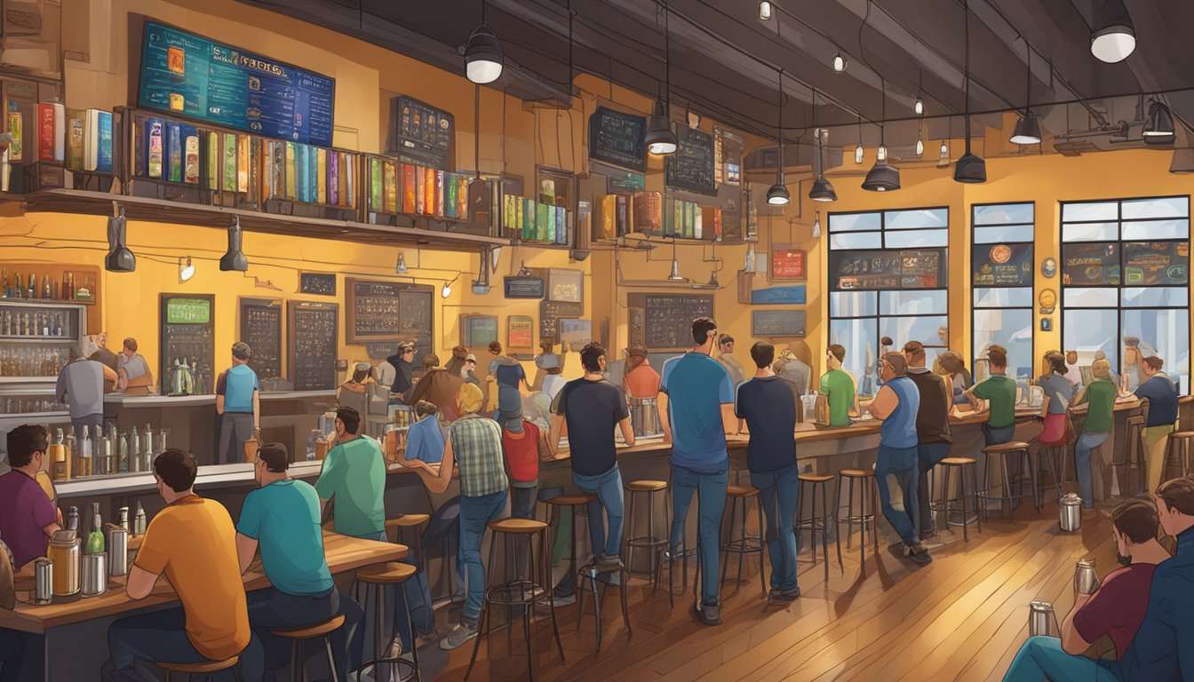 A bustling taproom with patrons enjoying flights of craft beer, surrounded by stainless steel brewing equipment and colorful beer labels on the walls