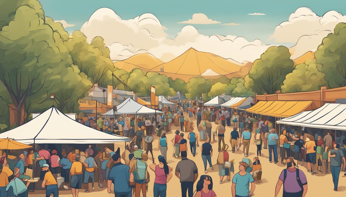 A bustling outdoor craft beer festival with vendors, live music, and a diverse crowd enjoying the local brews