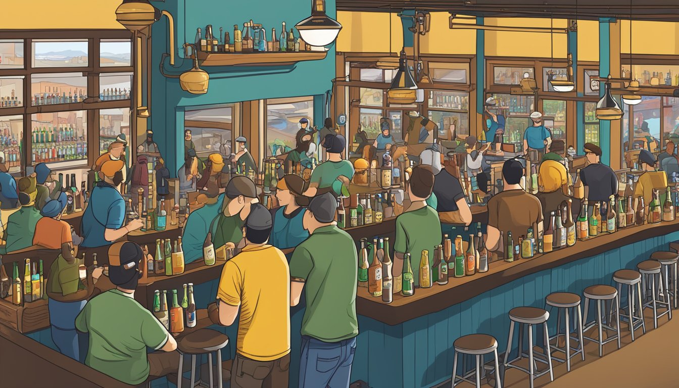 A bustling brewery with patrons sampling various craft beers from Tacoma, WA. Beer taps line the bar, and colorful labels adorn the bottles on display