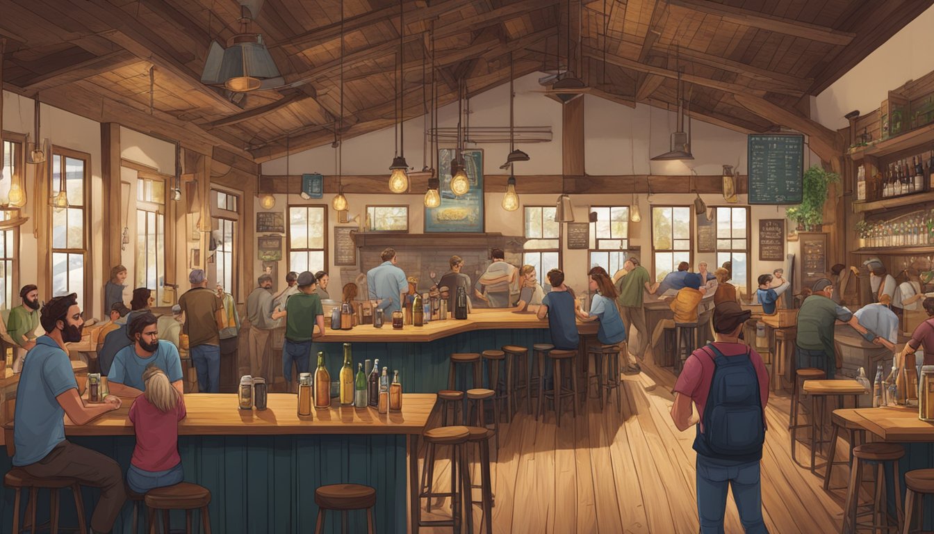 A bustling taproom with patrons enjoying a variety of craft beers, surrounded by rustic decor and brewing equipment