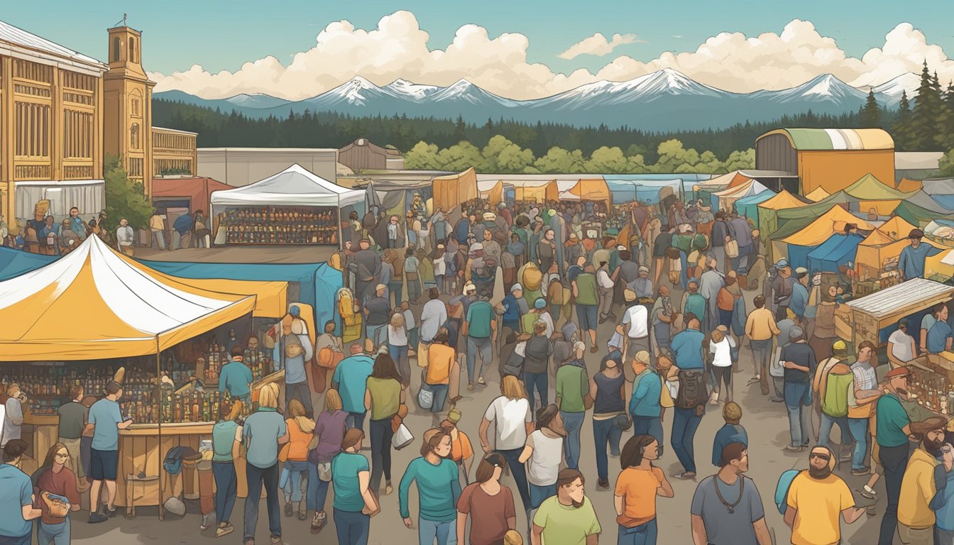 A bustling beer festival in Tacoma, WA with rows of local craft beer vendors and enthusiastic attendees sampling different brews