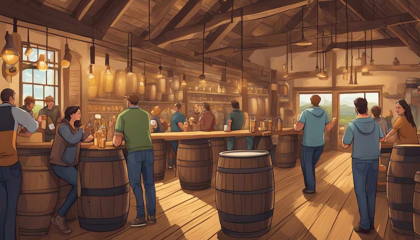 A group of people enjoy a brewery tour, sampling different craft beers in a cozy, rustic setting. Barrels and brewing equipment line the walls, creating a lively and inviting atmosphere