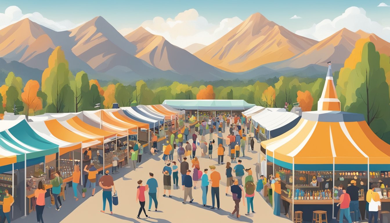 A bustling craft beer festival in Provo, Utah, with rows of colorful vendor booths and people sampling various brews