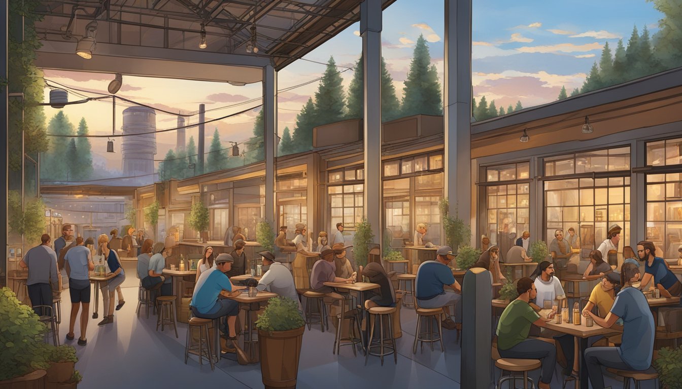 A bustling brewery scene with patrons enjoying craft beer flights and outdoor seating, surrounded by industrial decor and stainless steel brewing equipment