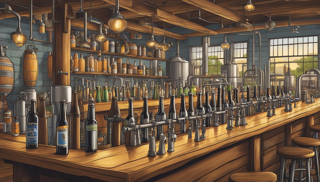 A bustling brewery scene with a variety of beer taps and bottles, featuring local craft beer from Madison, WI