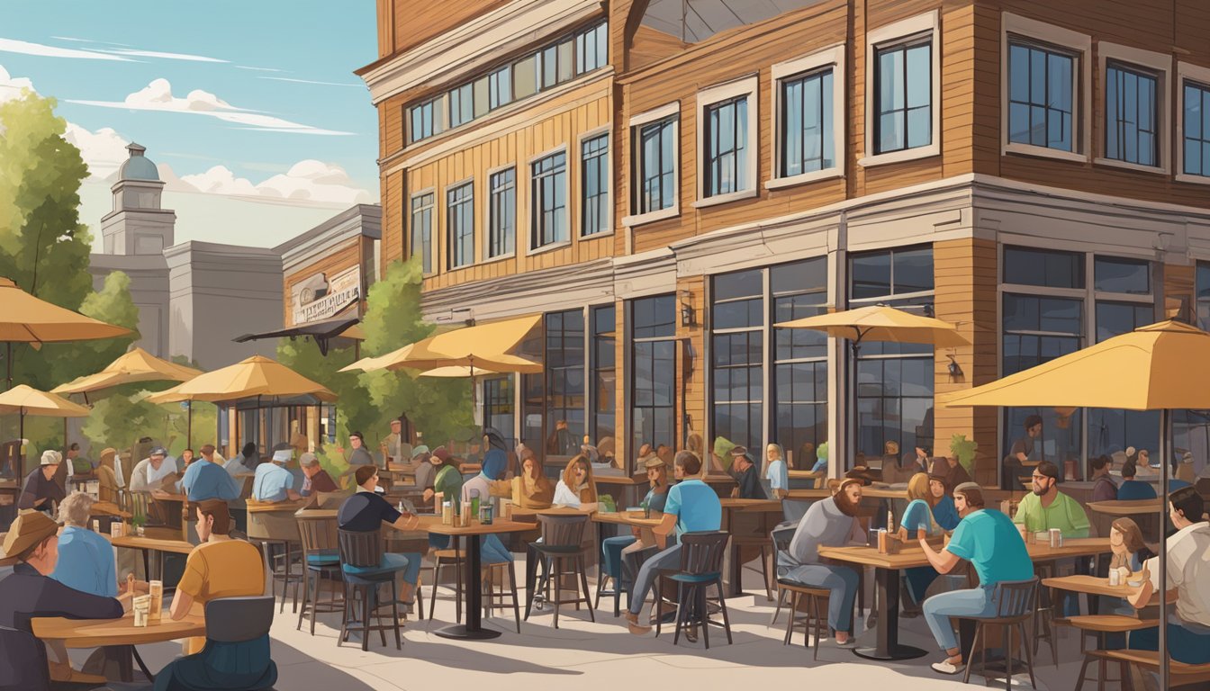 A bustling brewery scene with diverse buildings, outdoor seating, and people enjoying craft beer in West Jordan, Utah