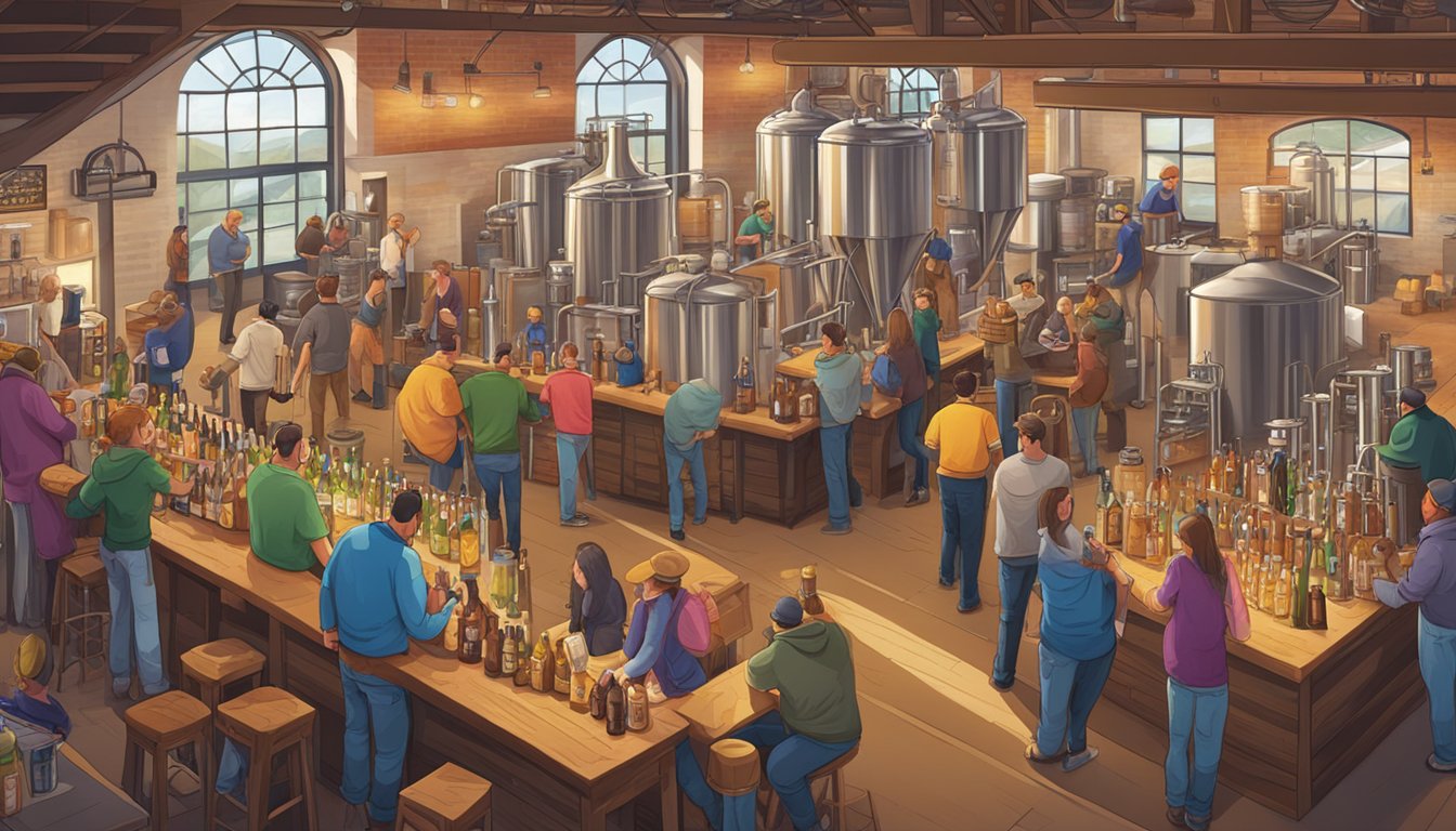 A bustling brewery scene with various beer styles on display, patrons sampling and enjoying craft brews in a vibrant West Jordan setting