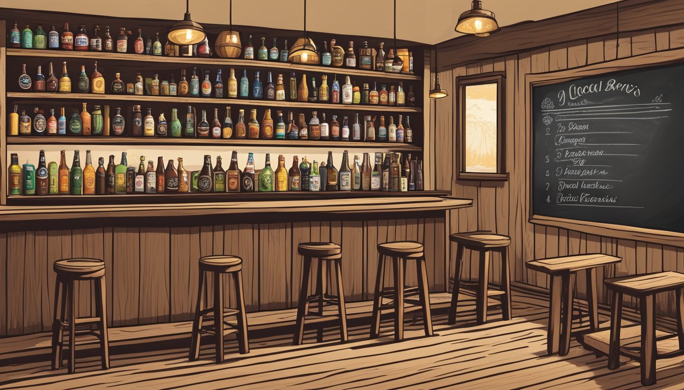 A cozy taproom with a rustic wooden bar, shelves lined with craft beer bottles, and a chalkboard menu displaying the local brews on offer