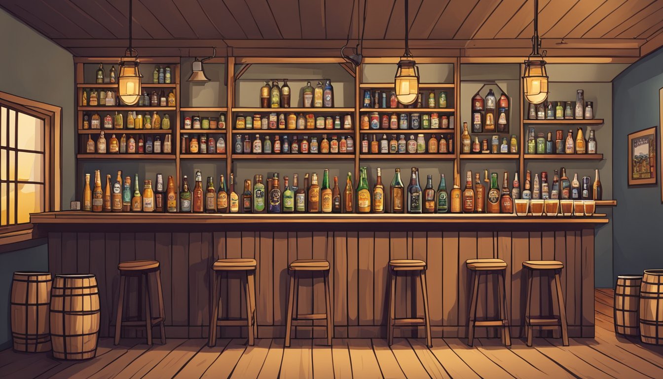 A cozy taproom with wooden bar and shelves lined with various craft beer bottles and cans, as patrons chat and enjoy their drinks