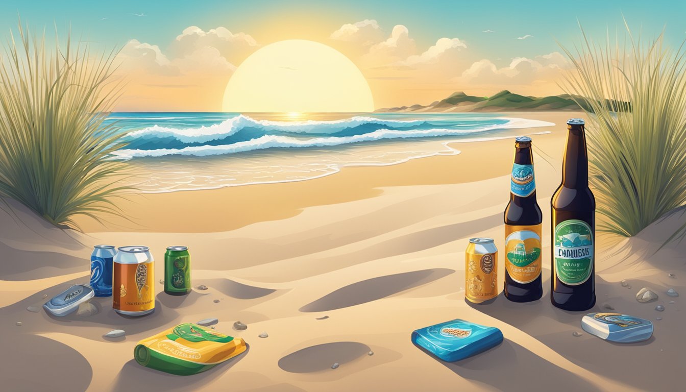 A sunny beach with a variety of local craft beer bottles and cans scattered on the sand, surrounded by dunes and ocean waves