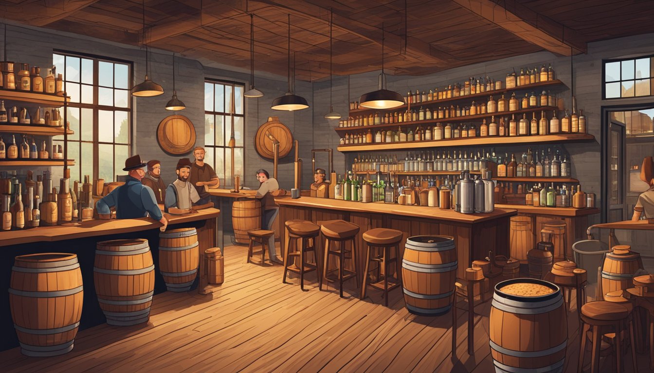 A bustling distillery with copper stills, wooden barrels, and shelves lined with various craft beverages. Customers sample drinks at a rustic bar while staff work behind the scenes