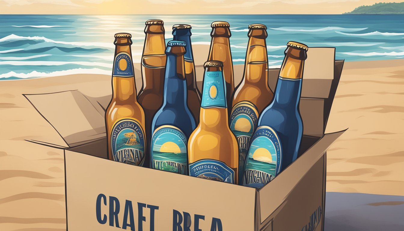 A person carrying a variety of Virginia Beach craft beer bottles in a sturdy cardboard box, with the beach and ocean in the background