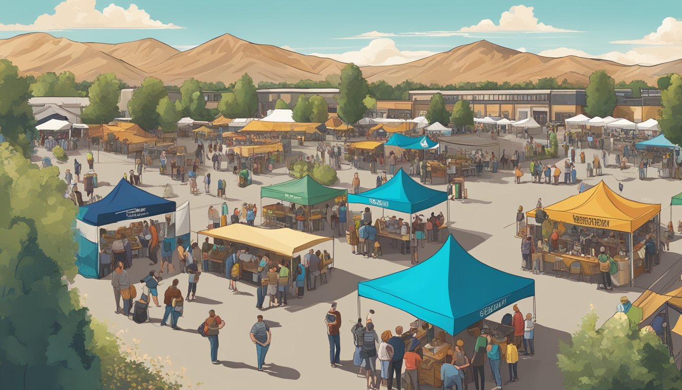 A bustling craft beer festival in West Jordan, with vendors and visitors mingling in a lively, community-driven atmosphere