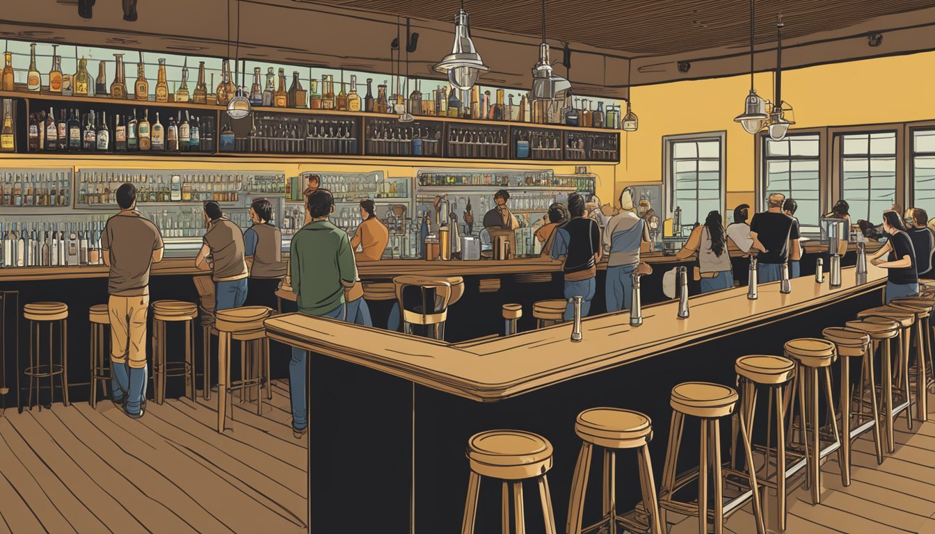 A bustling taproom with rows of craft beer taps and a chalkboard menu. Patrons chat at high-top tables while a bartender pours pints