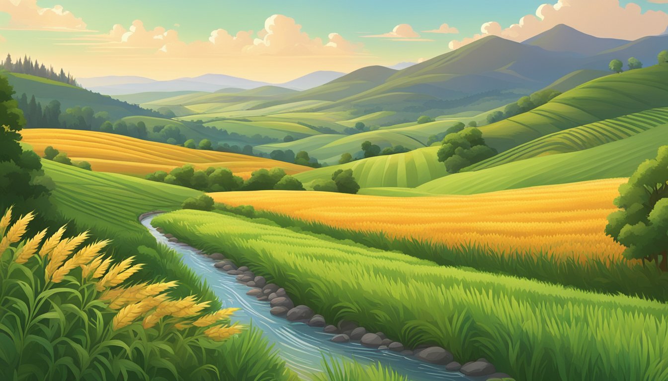 A lush landscape with rolling hills, fields of barley, and hop vines stretching towards the sky. A clear mountain stream winds through the scene, reflecting the vibrant colors of the local flora