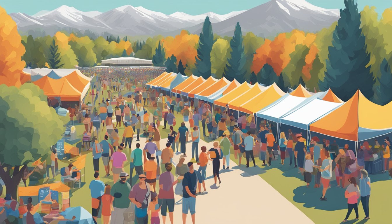 A bustling craft beer festival in West Jordan, with rows of colorful tents, live music, and people enjoying beer tastings in the sunshine