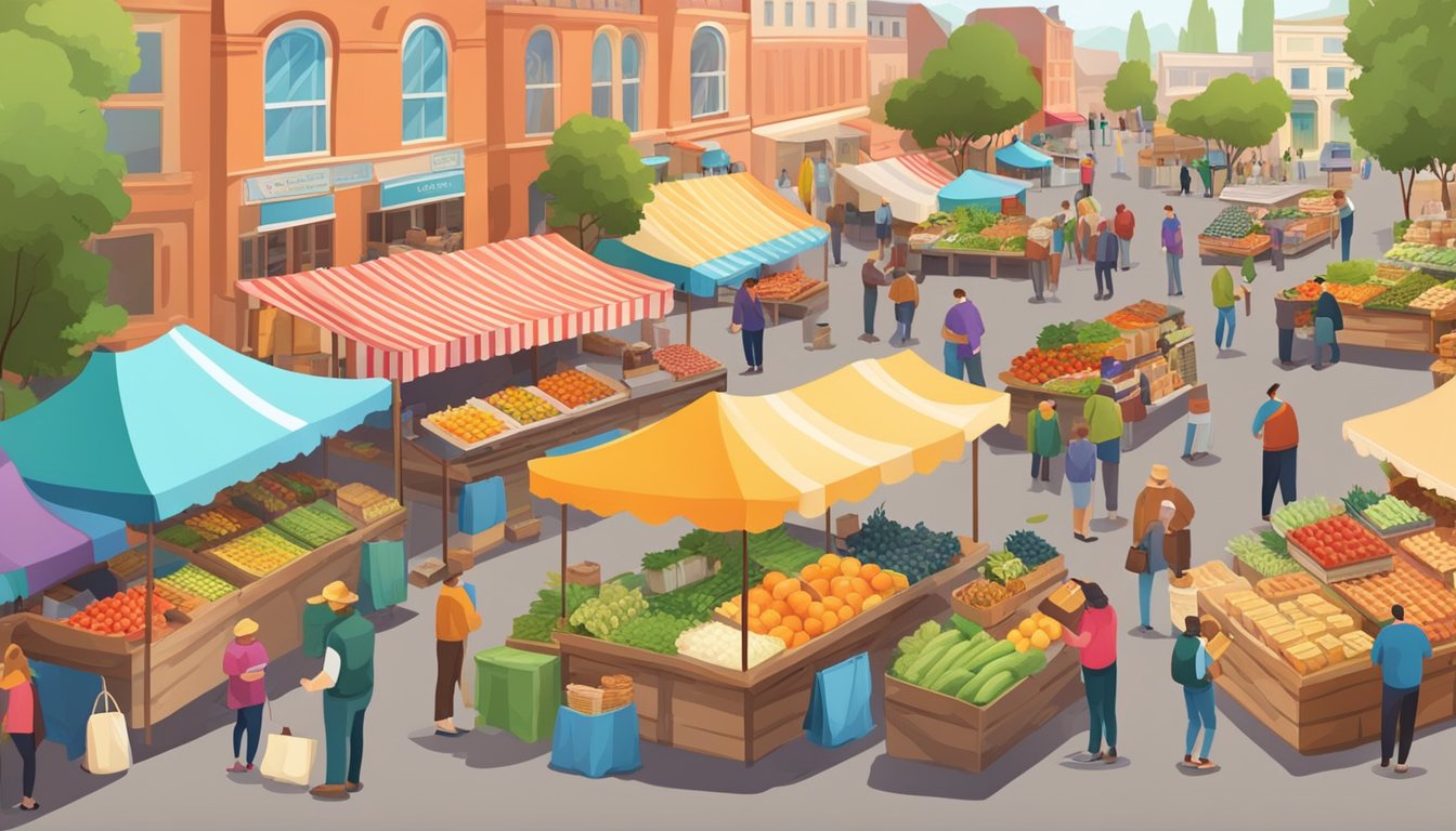 A bustling farmers market with colorful stalls and a variety of fresh produce, baked goods, and artisanal products. Busy shoppers browse the offerings