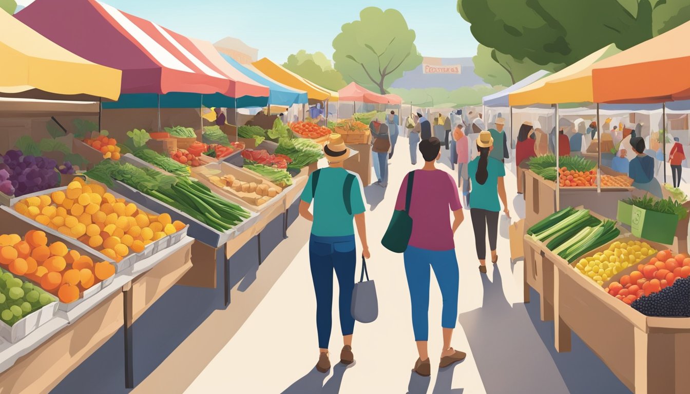 A bustling farmers market with colorful stalls offering fresh fruits, vegetables, and other organic offerings from local producers in Santa Clarita, CA