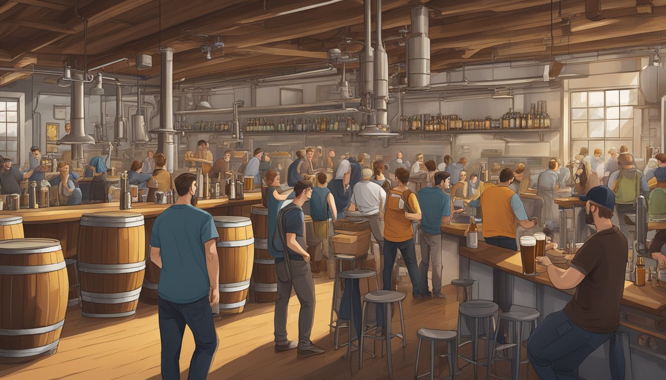 A bustling brewery scene with beer taps, barrels, and customers enjoying craft beer in a local Kent, WA brewery