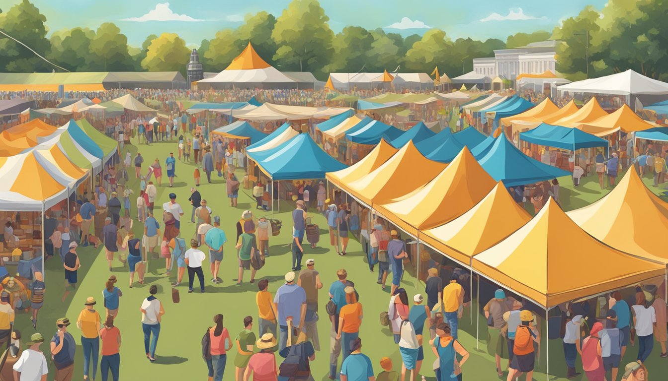 A bustling craft beer festival in Chesapeake, with rows of colorful tents and a lively crowd sampling various brews under the warm afternoon sun