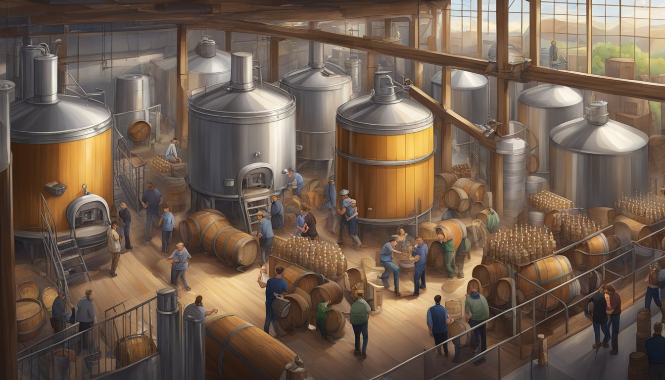 A bustling brewery scene with patrons enjoying tastings and tours, surrounded by stainless steel tanks and wooden barrels