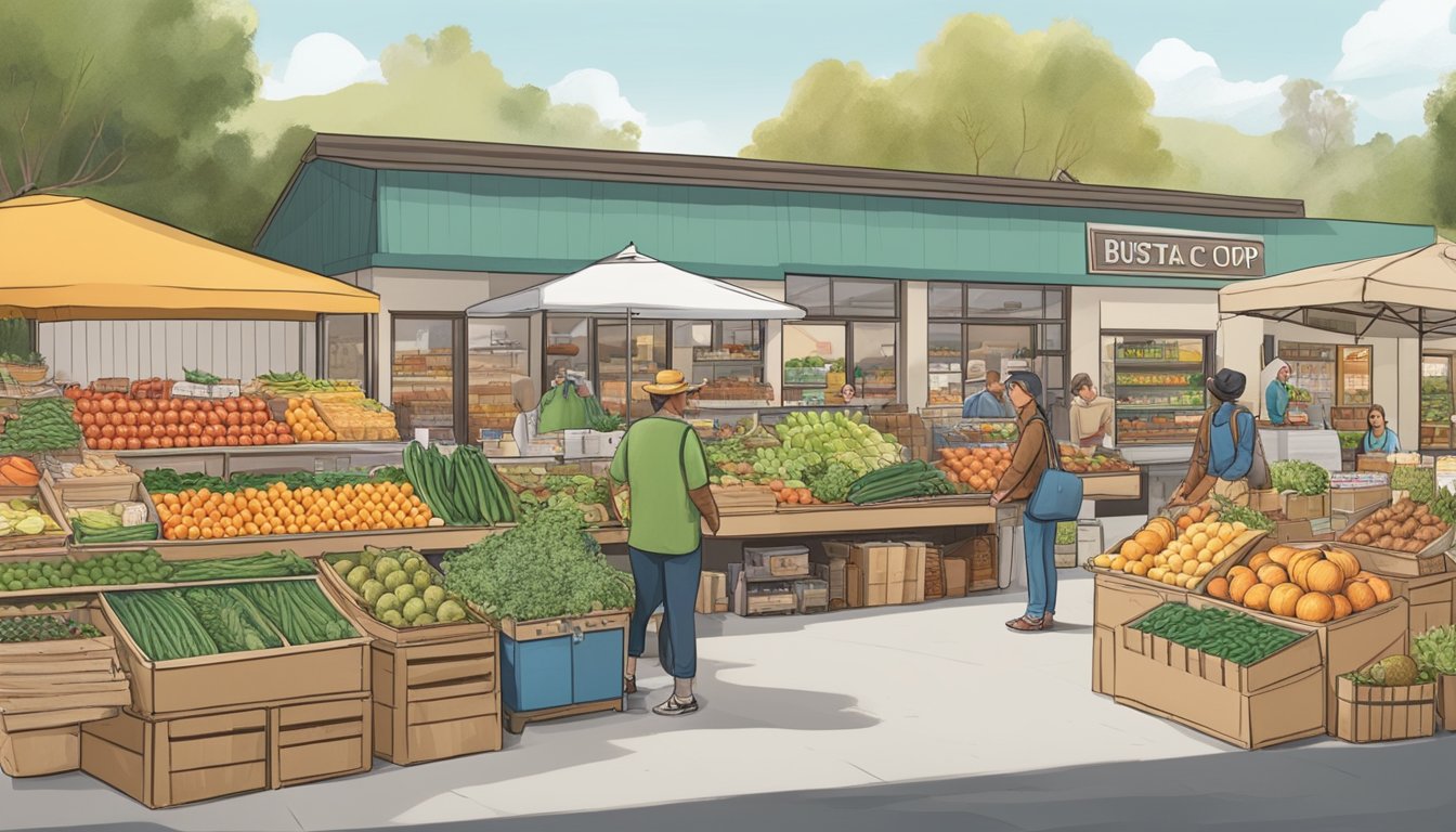 A bustling local food co-op in Santa Clarita, CA, with vendors showcasing fresh produce, homemade goods, and a diverse array of sustainable products