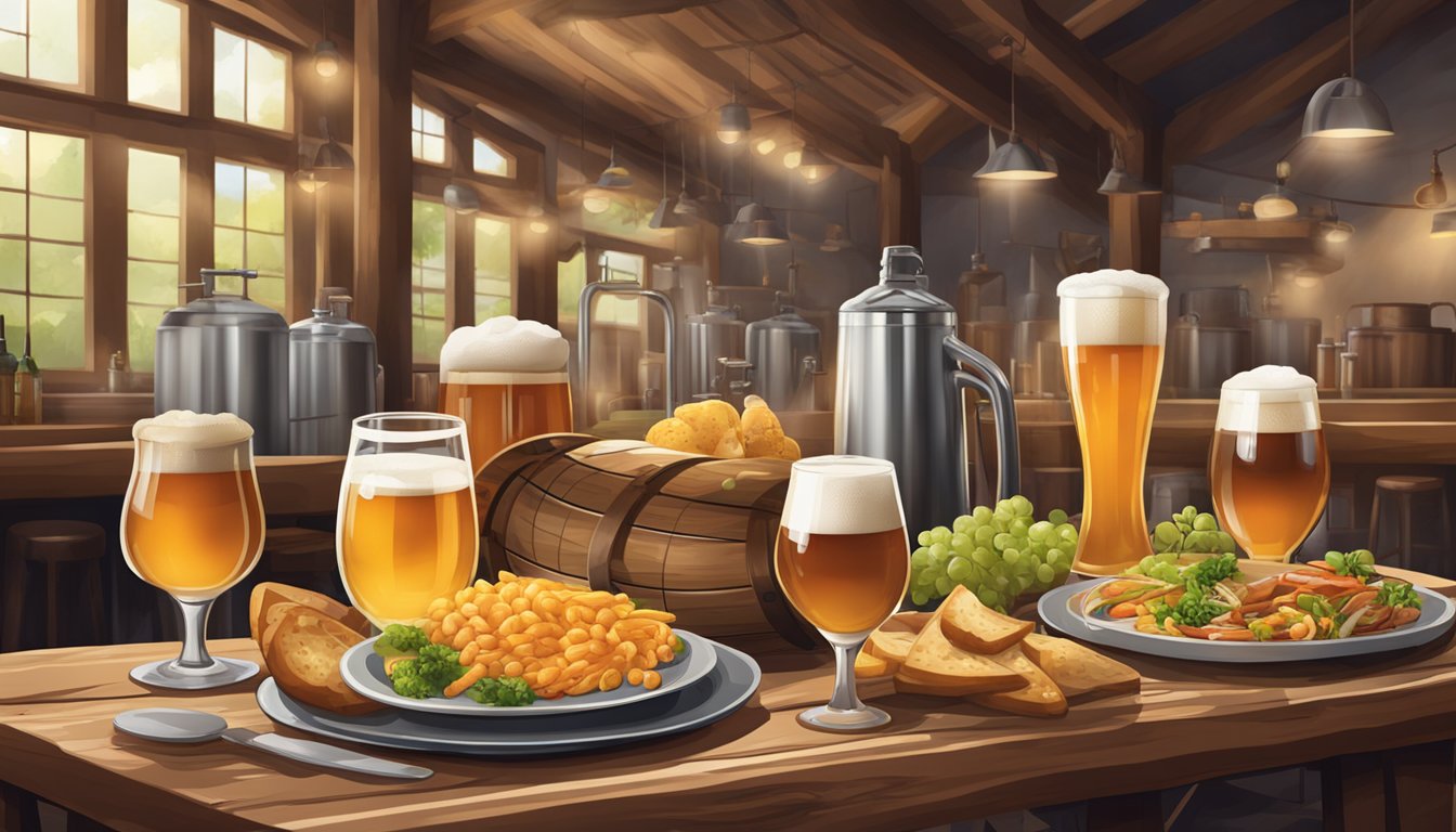 A rustic brewery setting with various beer glasses and plates of food for pairing