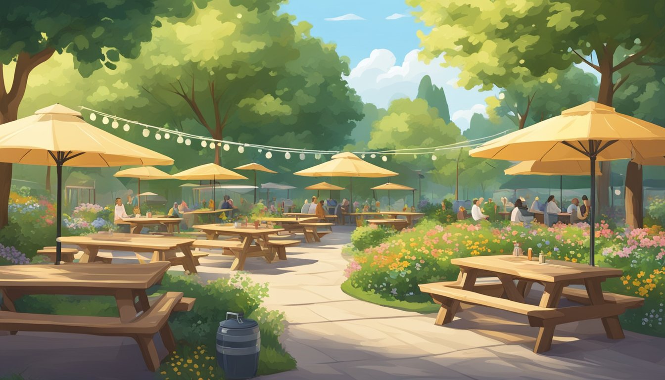 A sunny beer garden with picnic tables and umbrellas, surrounded by lush greenery and blooming flowers, with a taproom in the background