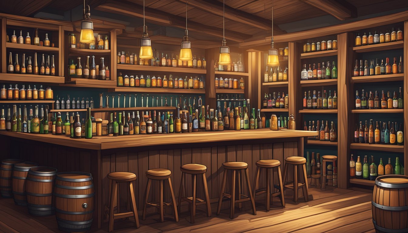 A cozy brewpub with wooden barrels, barstools, and beer taps, surrounded by shelves of local craft beer bottles and glasses