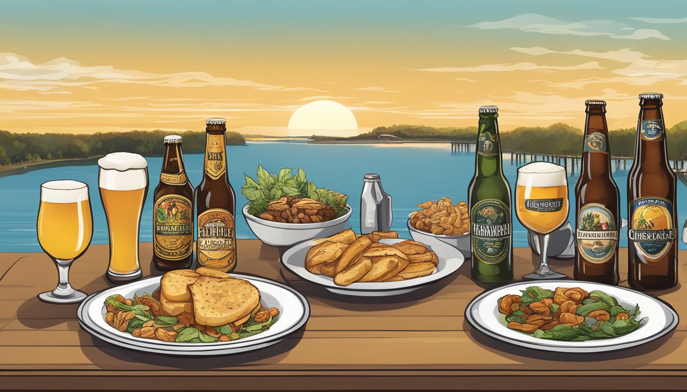 A table set with various local craft beers and paired food items, with a Chesapeake, VA backdrop