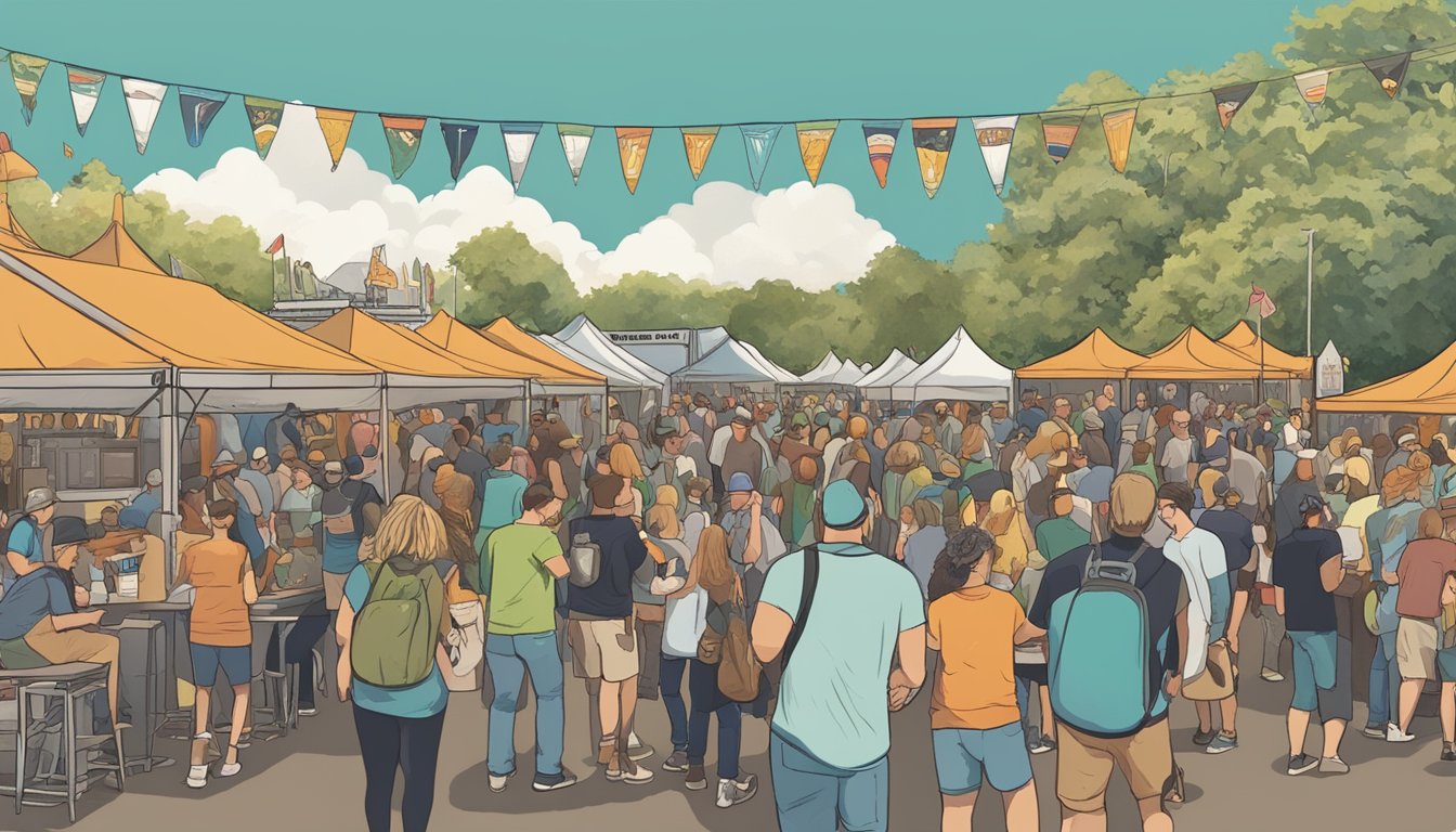 A bustling craft beer festival in Kent, WA, with a diverse crowd enjoying local brews, live music, and food trucks